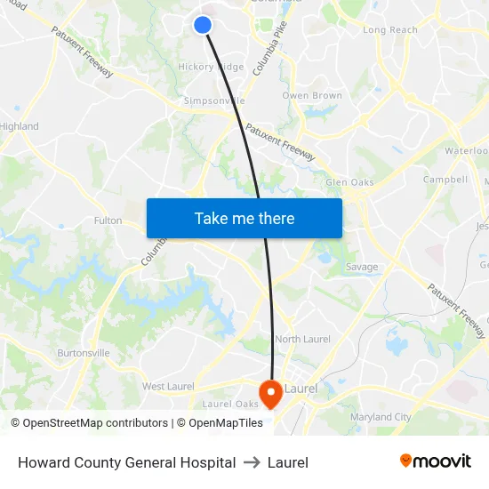 Howard County General Hospital to Laurel map