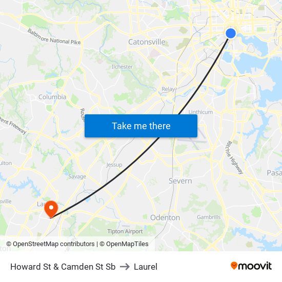 Howard St & Camden St Sb to Laurel map