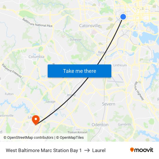 West Baltimore Marc Station Bay 1 to Laurel map