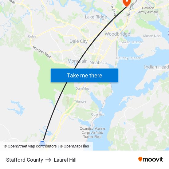 Stafford County to Laurel Hill map