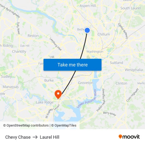 Chevy Chase to Laurel Hill map