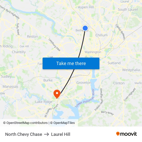 North Chevy Chase to Laurel Hill map