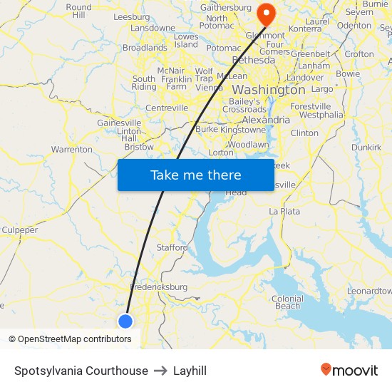 Spotsylvania Courthouse to Layhill map