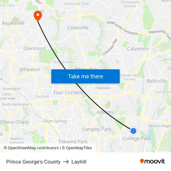 Prince George's County to Layhill map
