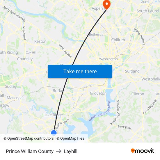 Prince William County to Layhill map