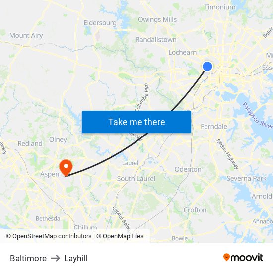 Baltimore to Layhill map