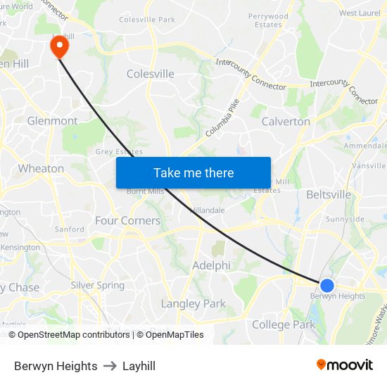 Berwyn Heights to Layhill map