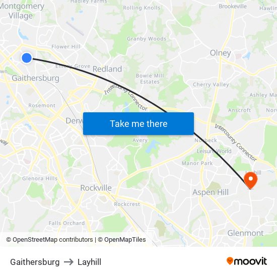 Gaithersburg to Layhill map