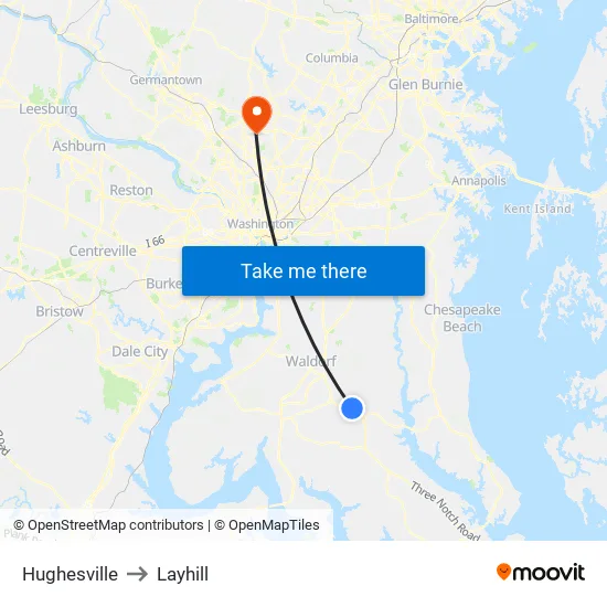 Hughesville to Layhill map