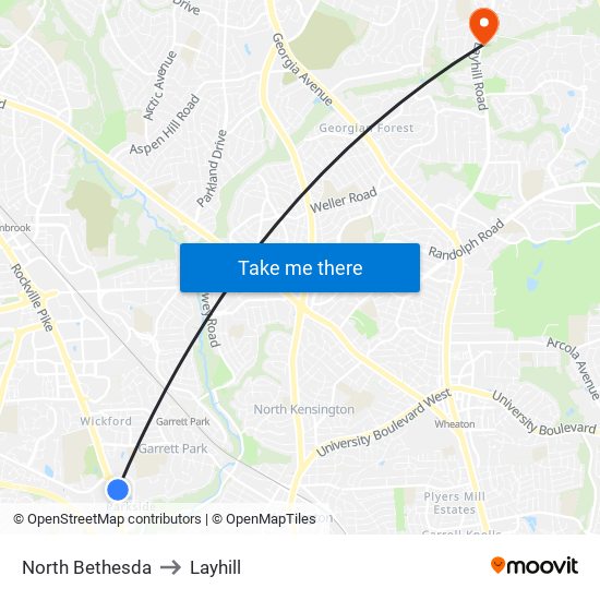 North Bethesda to Layhill map