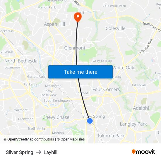 Silver Spring to Layhill map