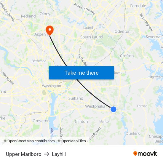 Upper Marlboro to Layhill map