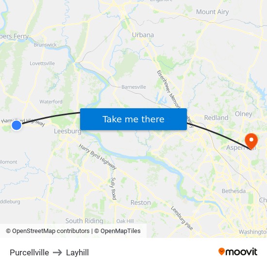 Purcellville to Layhill map