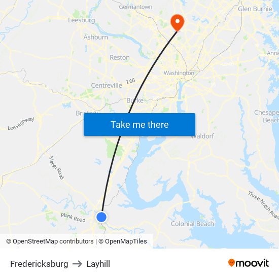 Fredericksburg to Layhill map