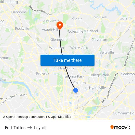 Fort Totten to Layhill map