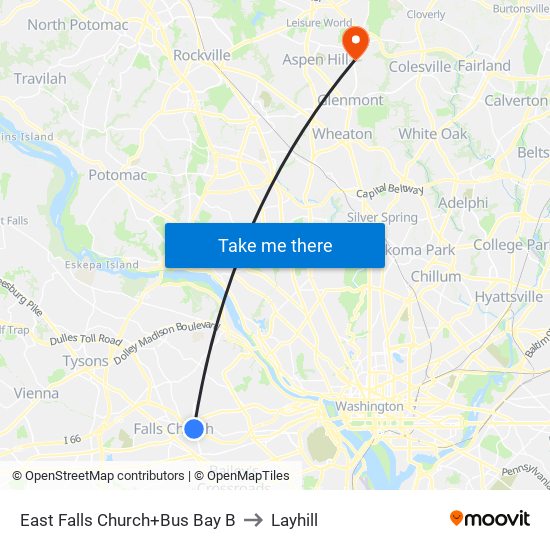 East Falls Church+Bay B to Layhill map