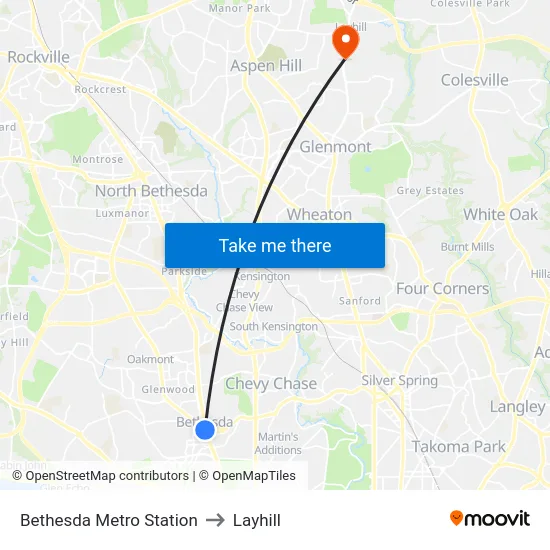 Bethesda Metro Station to Layhill map