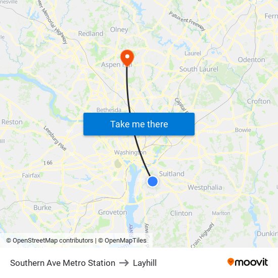 Southern Ave Metro Station to Layhill map