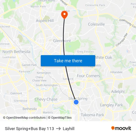 Silver Spring+Bus Bay 113 to Layhill map