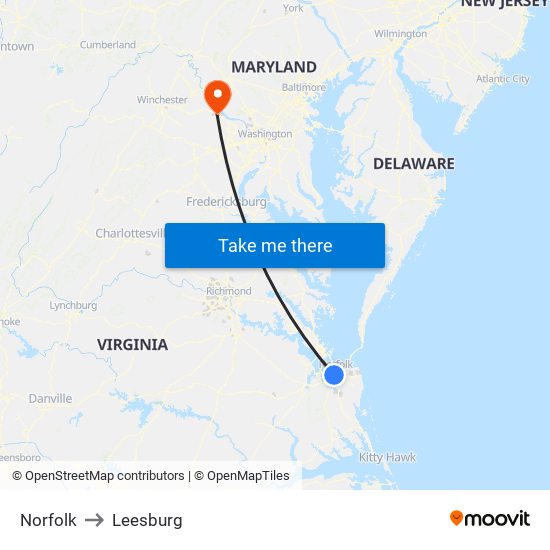 Norfolk to Leesburg map