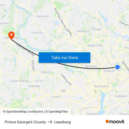 Prince George's County to Leesburg map