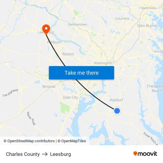 Charles County to Leesburg map