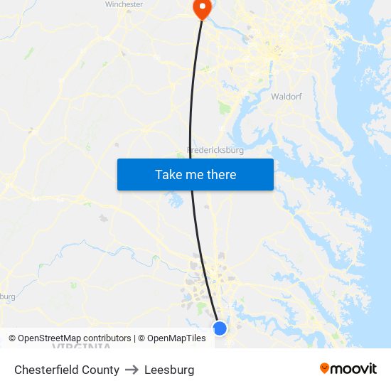 Chesterfield County to Leesburg map