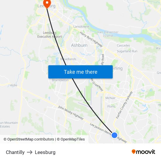 Chantilly to Leesburg map