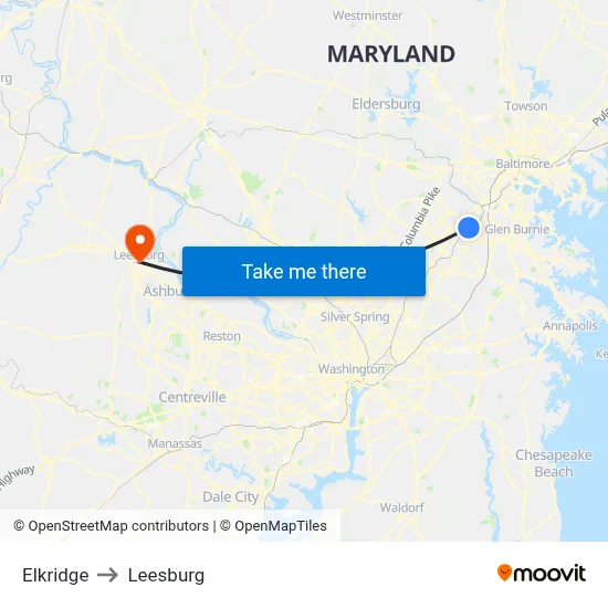 Elkridge to Leesburg map