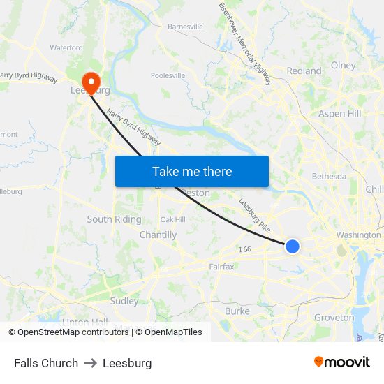 Falls Church to Leesburg map