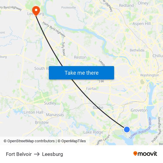 Fort Belvoir to Leesburg map