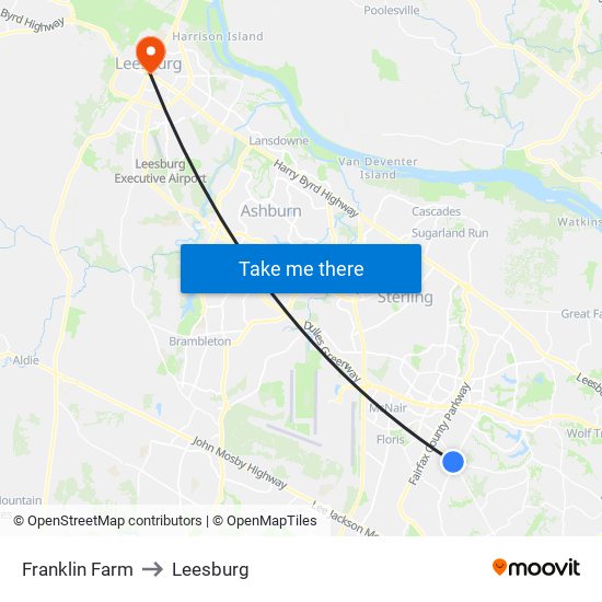 Franklin Farm to Leesburg map