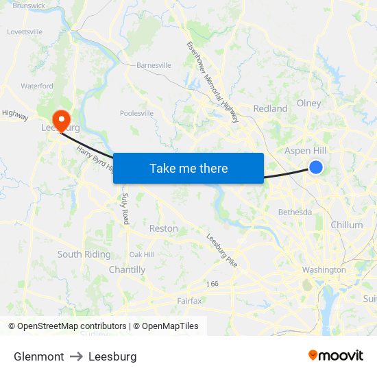 Glenmont to Leesburg map