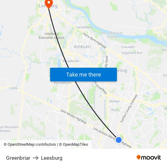 Greenbriar to Leesburg map
