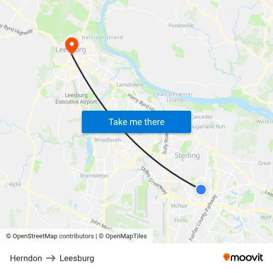 Herndon to Leesburg map