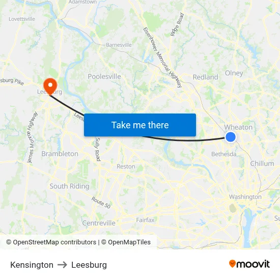 Kensington to Leesburg map