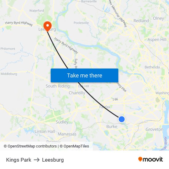 Kings Park to Leesburg map