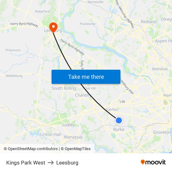 Kings Park West to Leesburg map