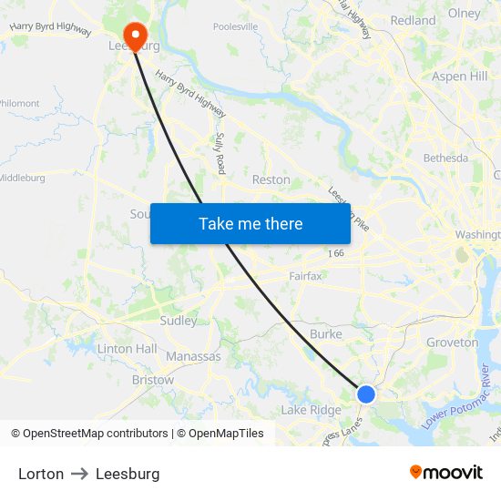 Lorton to Leesburg map