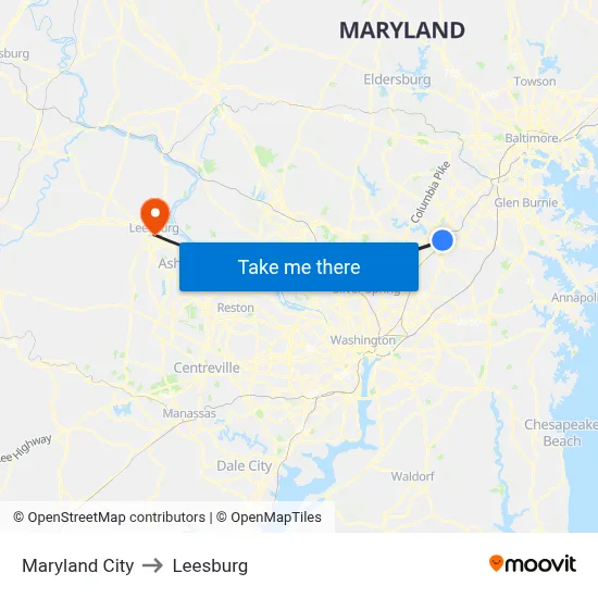 Maryland City to Leesburg map
