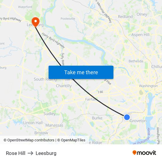 Rose Hill to Leesburg map