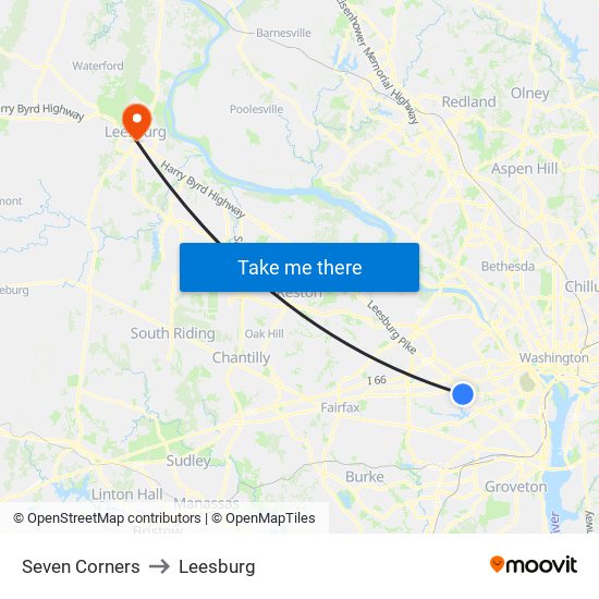Seven Corners to Leesburg map