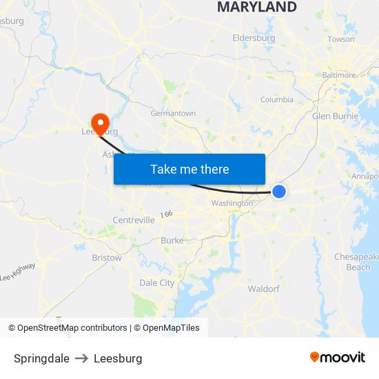 Springdale to Leesburg map