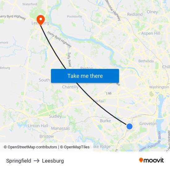 Springfield to Leesburg map