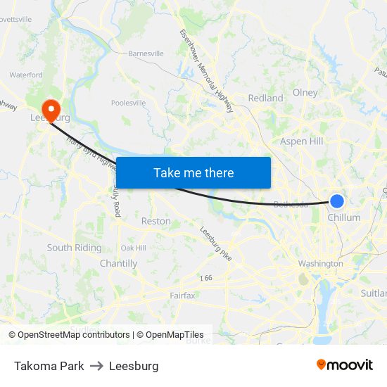 Takoma Park to Leesburg map