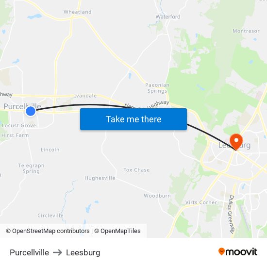 Purcellville to Leesburg map