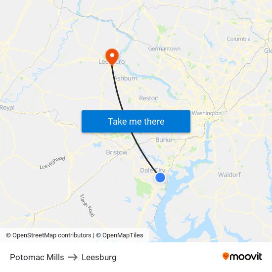 Potomac Mills to Leesburg map