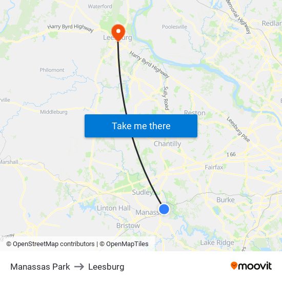 Manassas Park to Leesburg map