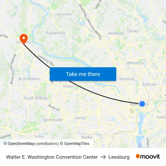 Walter E. Washington Convention Center to Leesburg map