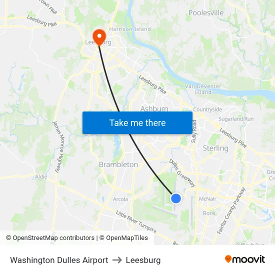 Washington Dulles Airport to Leesburg map